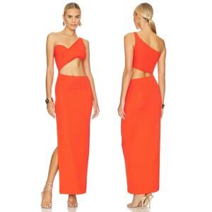 Lama Jouni Slanted One Shoulder Dress Ribbed Cut Out Side Slit Blood Orange Sz S